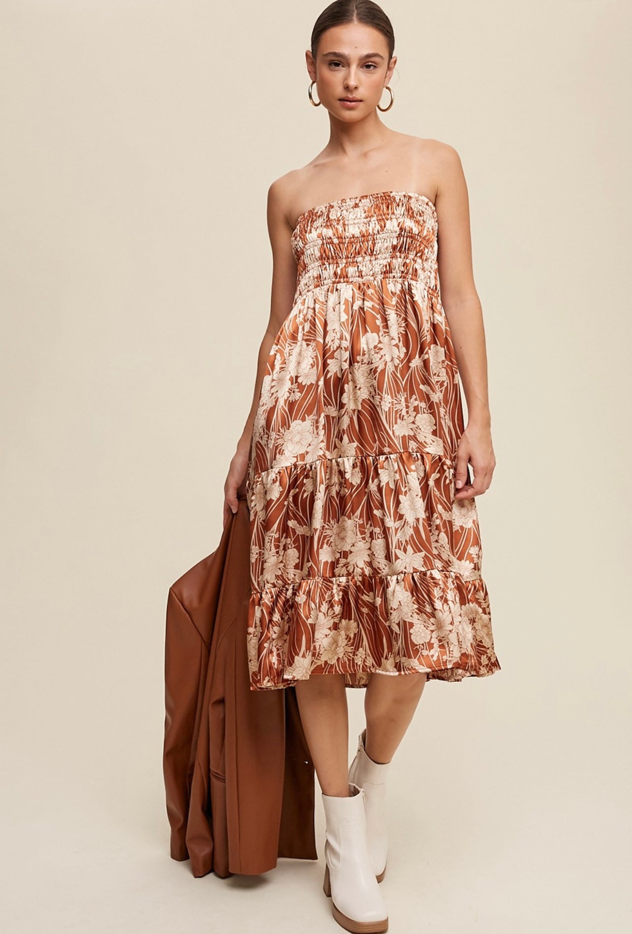 FLORAL PRINT TIERED SMOCK SATIN SKIRT TO DRESS