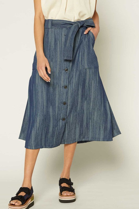 MIDI BUTTON DOWN DENIM SKIRT