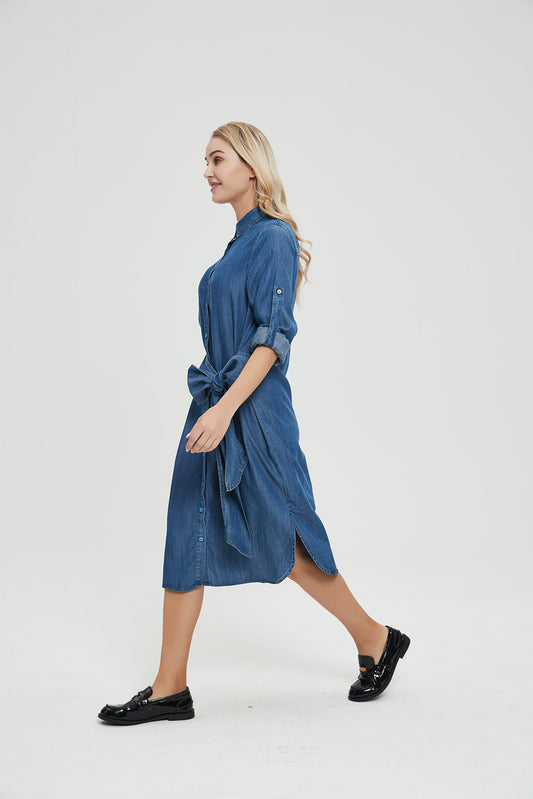 TIE WAIST DENIM SHIRT DRESS byMM