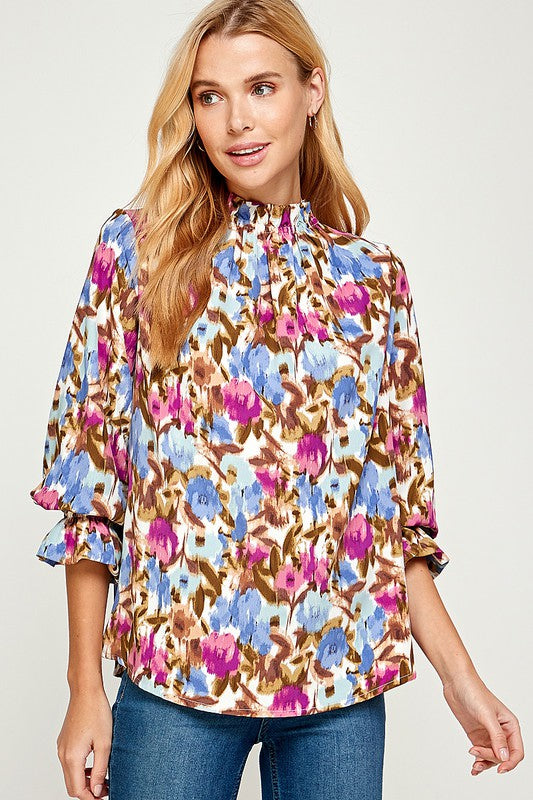 MOCK RUFFLE NECK FLORAL BLOUSE
