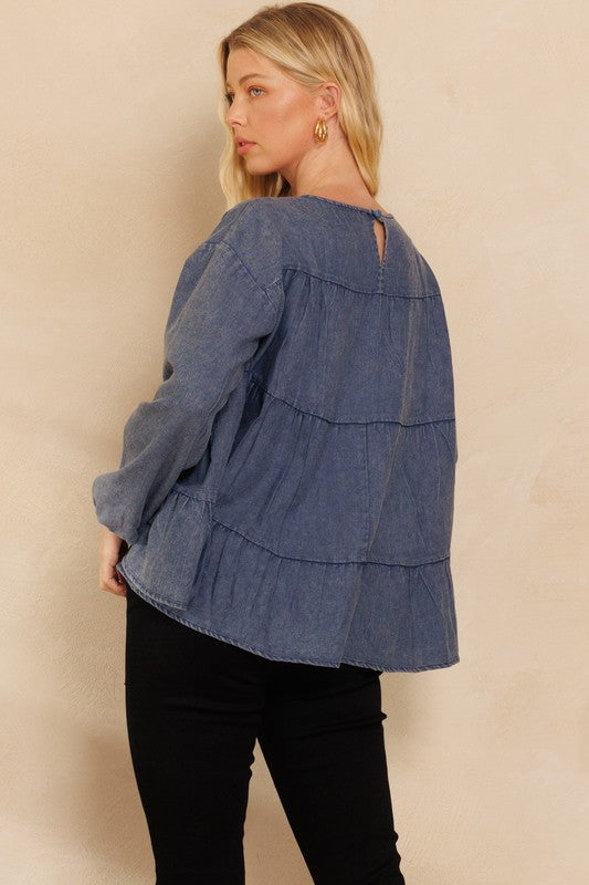 Tiered Washed Denim Blouse