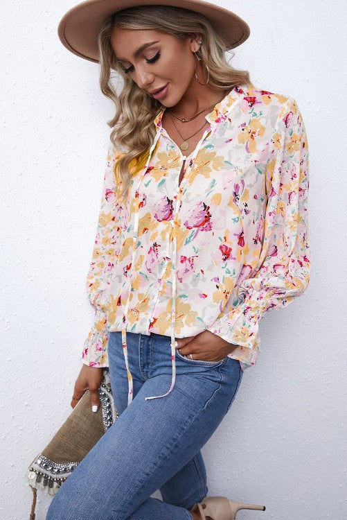 YELLOW FLORAL TIE FRONT TOP