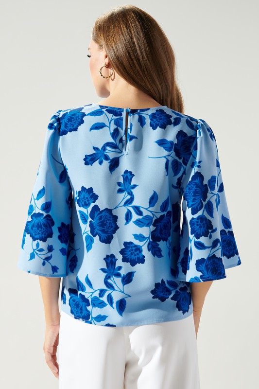 FLUTTER SLEEVE BLUE FLORAL BLOUSE