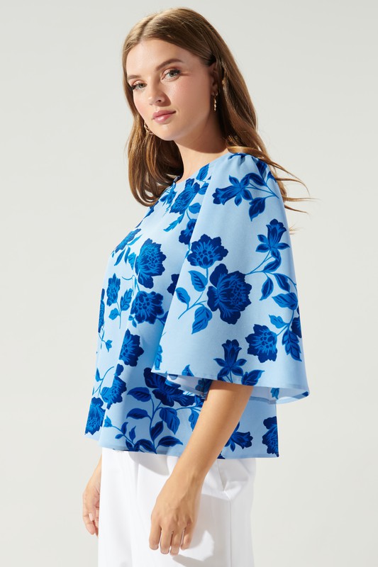 FLUTTER SLEEVE BLUE FLORAL BLOUSE