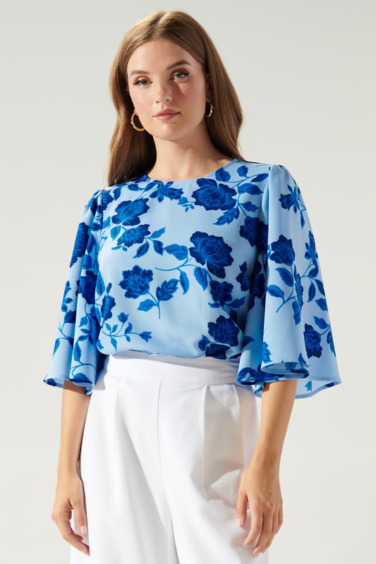 FLUTTER SLEEVE BLUE FLORAL BLOUSE