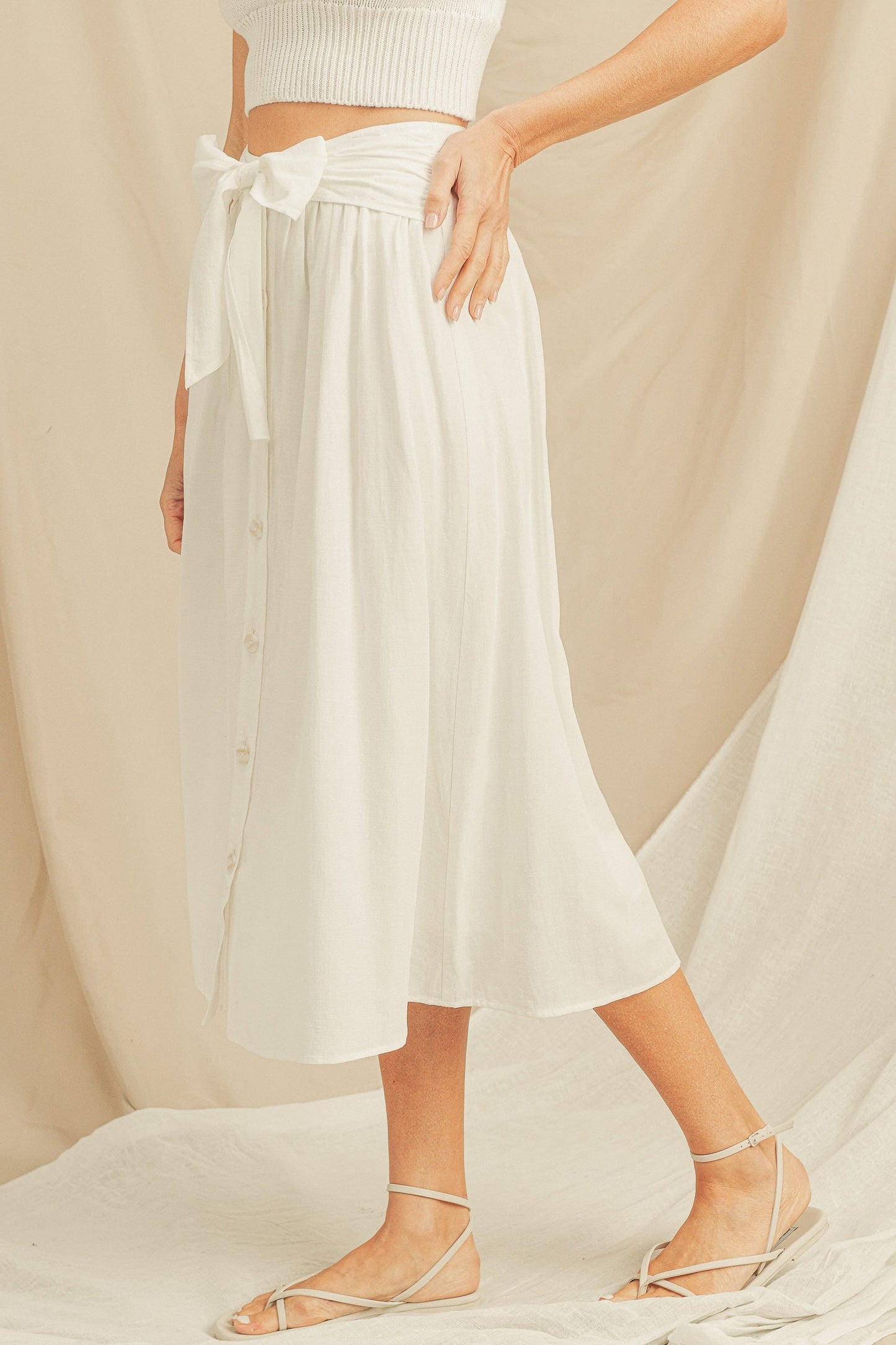 Front Button Closure Waist Tie Skirt