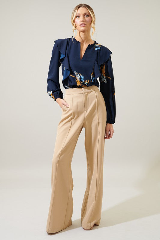 NAVY FLORAL V NECK BLOUSE