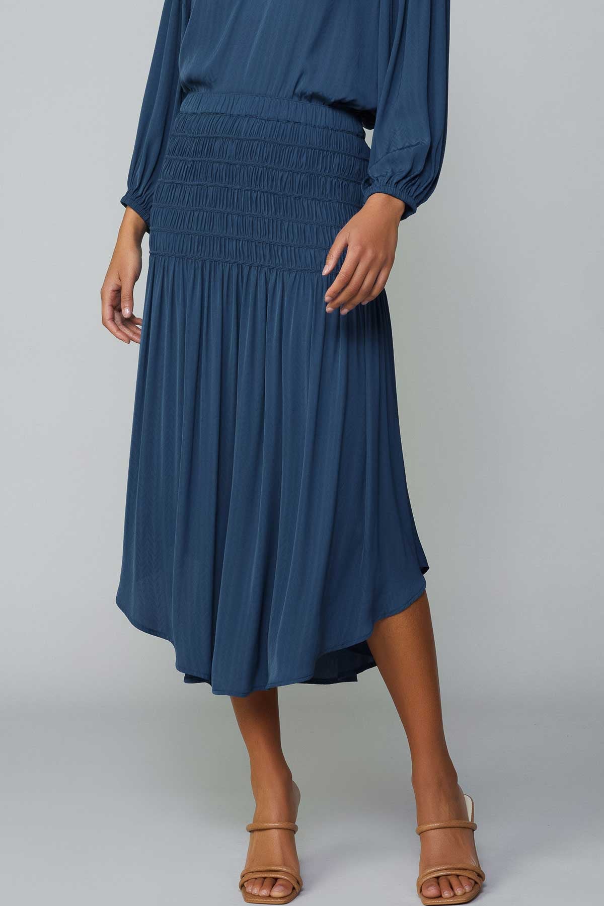 FRENCH NAVY SMOCKED WAIST WITH DIAGONAL CUT MIDI SKIRT