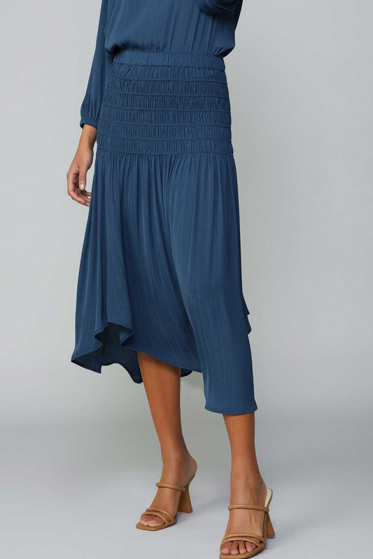 FRENCH NAVY SMOCKED WAIST WITH DIAGONAL CUT MIDI SKIRT
