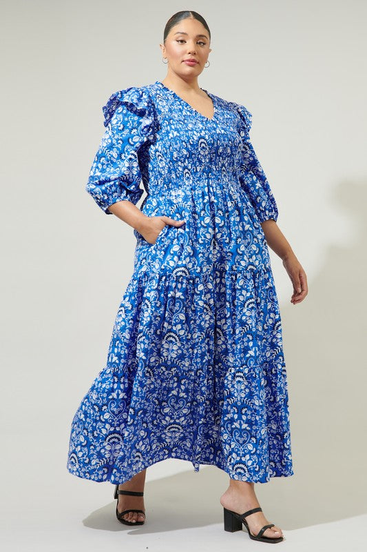 MAXI SMOCKED FRONT V NECK FLORAL DRESS (CURVE)
