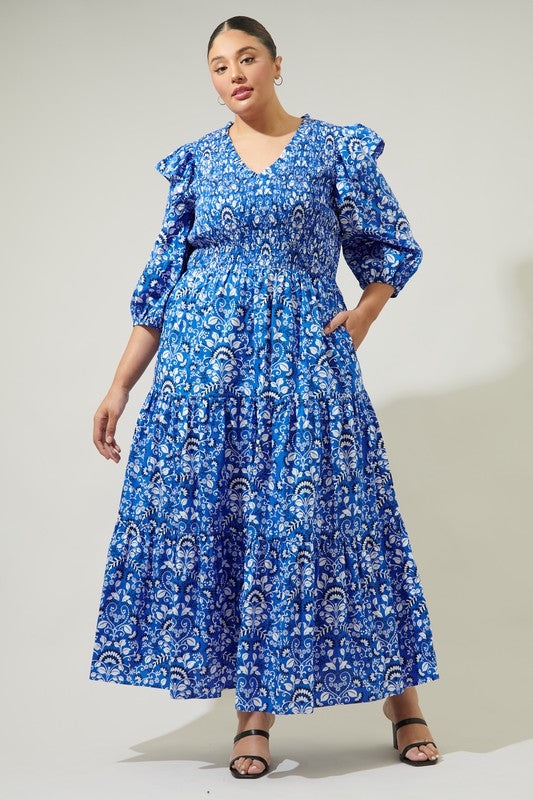 MAXI SMOCKED FRONT V NECK FLORAL DRESS (CURVE)