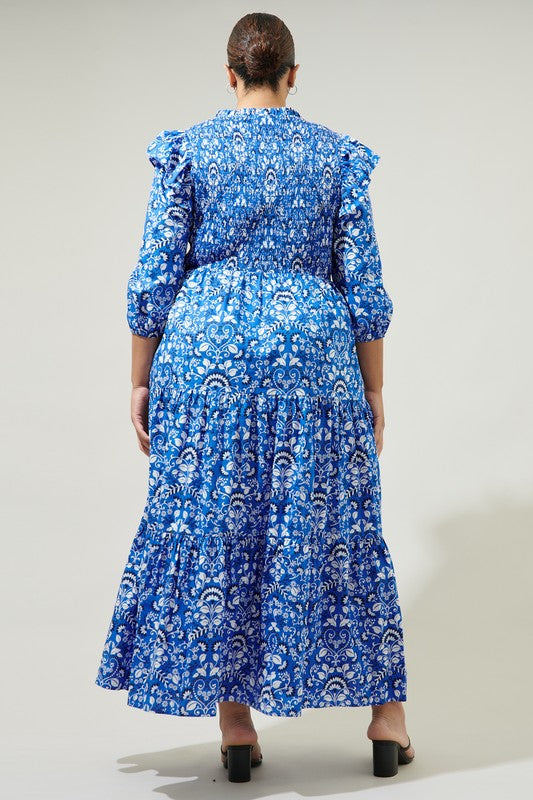 MAXI SMOCKED FRONT V NECK FLORAL DRESS (CURVE)
