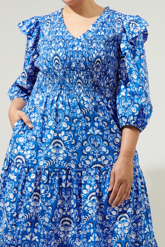 MAXI SMOCKED FRONT V NECK FLORAL DRESS (CURVE)