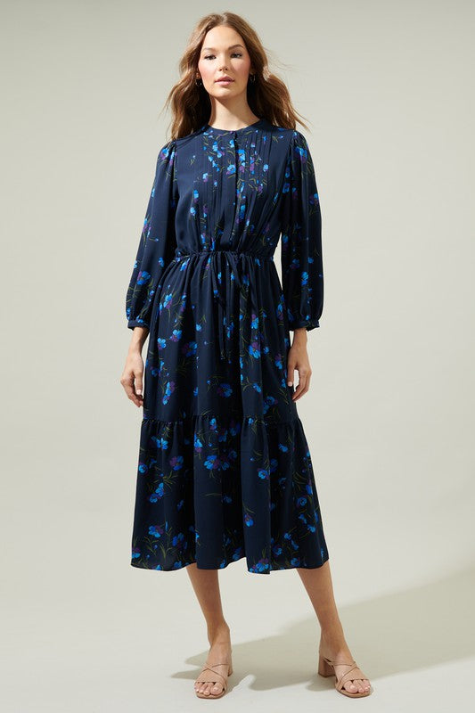 MIDI DRAWSTRING WAIST FLORAL DRESS
