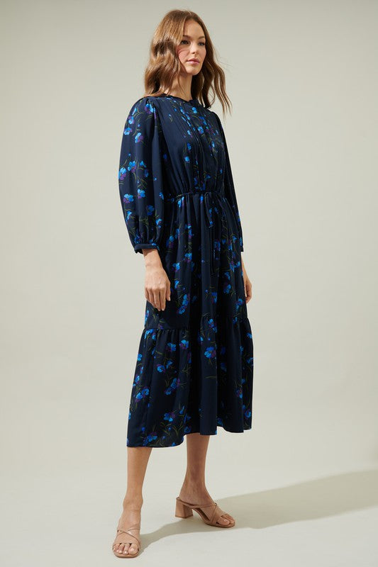 MIDI DRAWSTRING WAIST FLORAL DRESS
