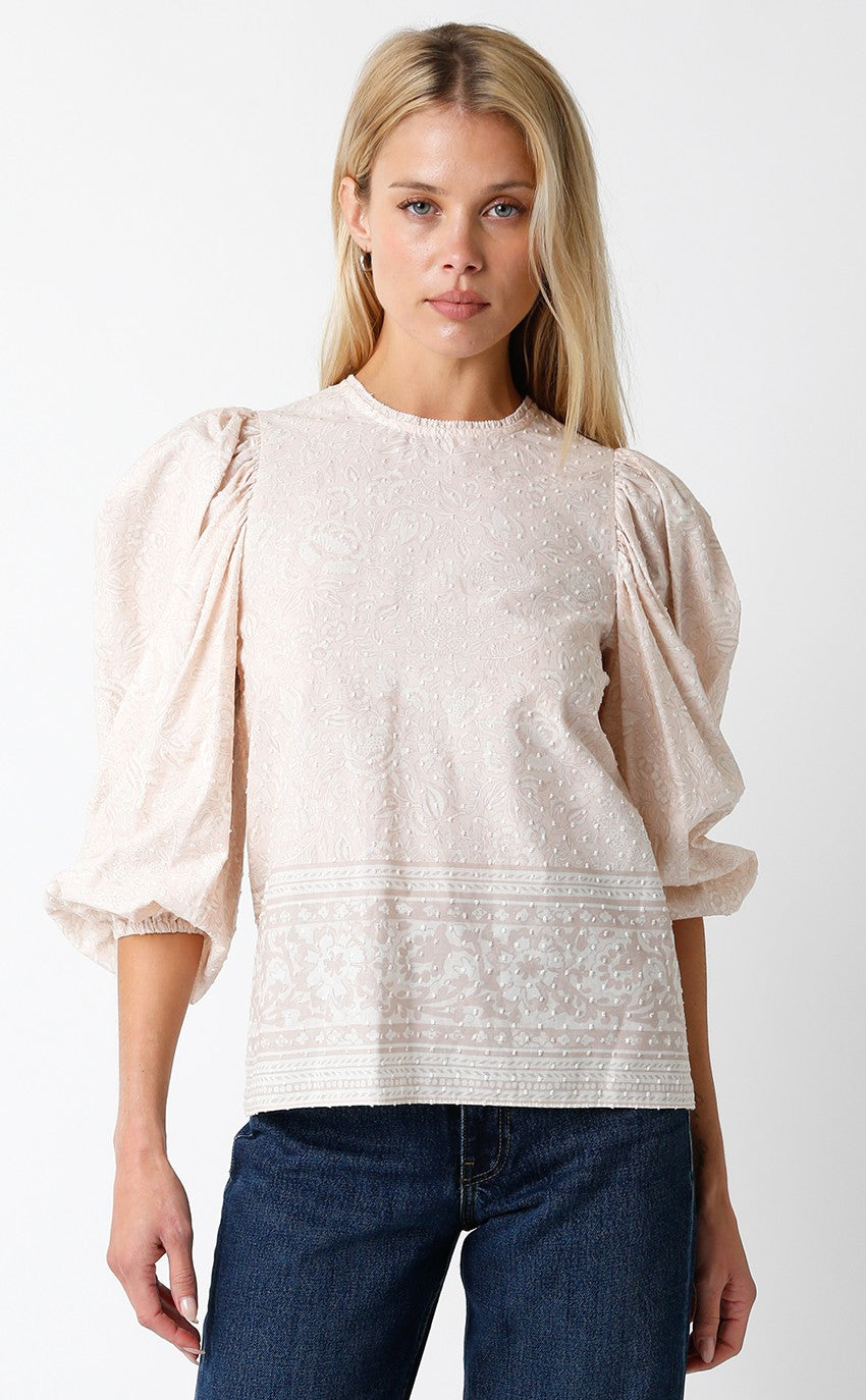 PUFFED SLEEVE HALF SLEEVE EMBROIDERED PEACH BLOUSE