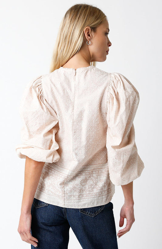 PUFFED SLEEVE HALF SLEEVE EMBROIDERED PEACH BLOUSE