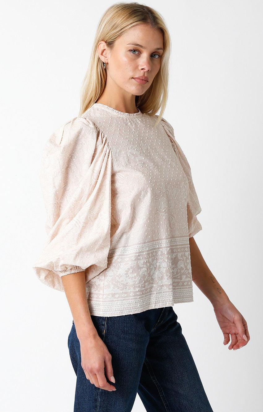 PUFFED SLEEVE HALF SLEEVE EMBROIDERED PEACH BLOUSE