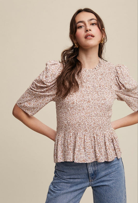FLOWER PRINT SMOCKED BODICE PUFF SLEEVE TOP