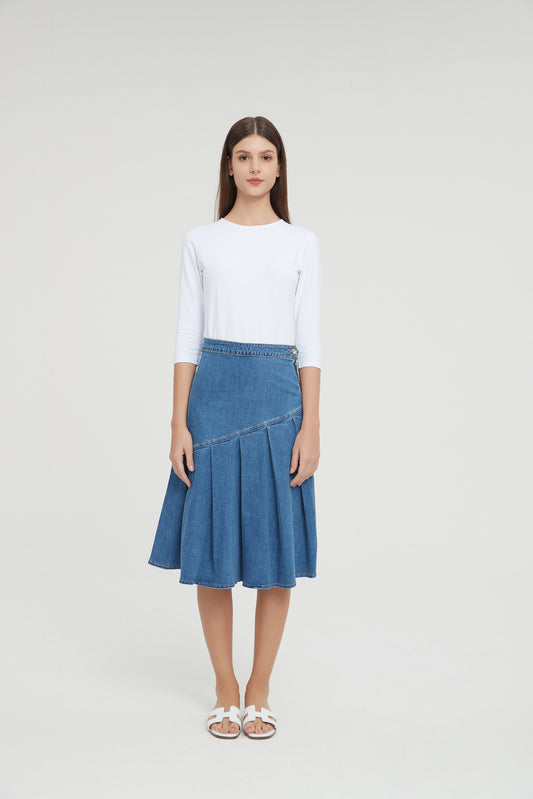 HALF PLEAT JEAN SKIRT byMM - BLUE DENIM