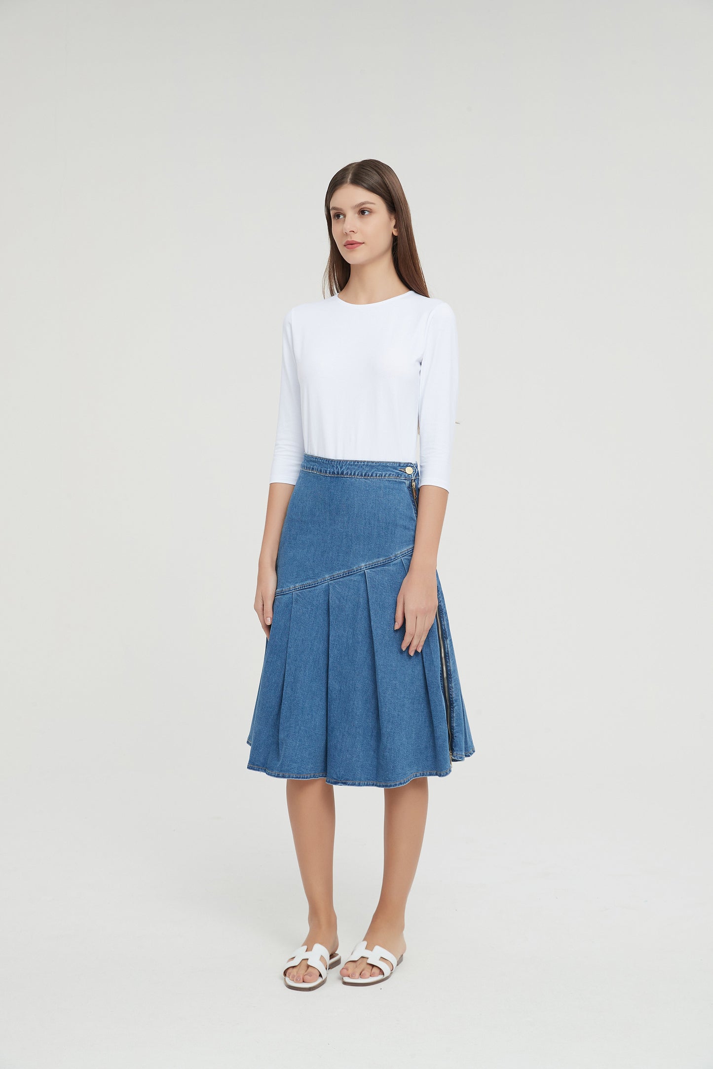 HALF PLEAT JEAN SKIRT byMM - BLUE DENIM