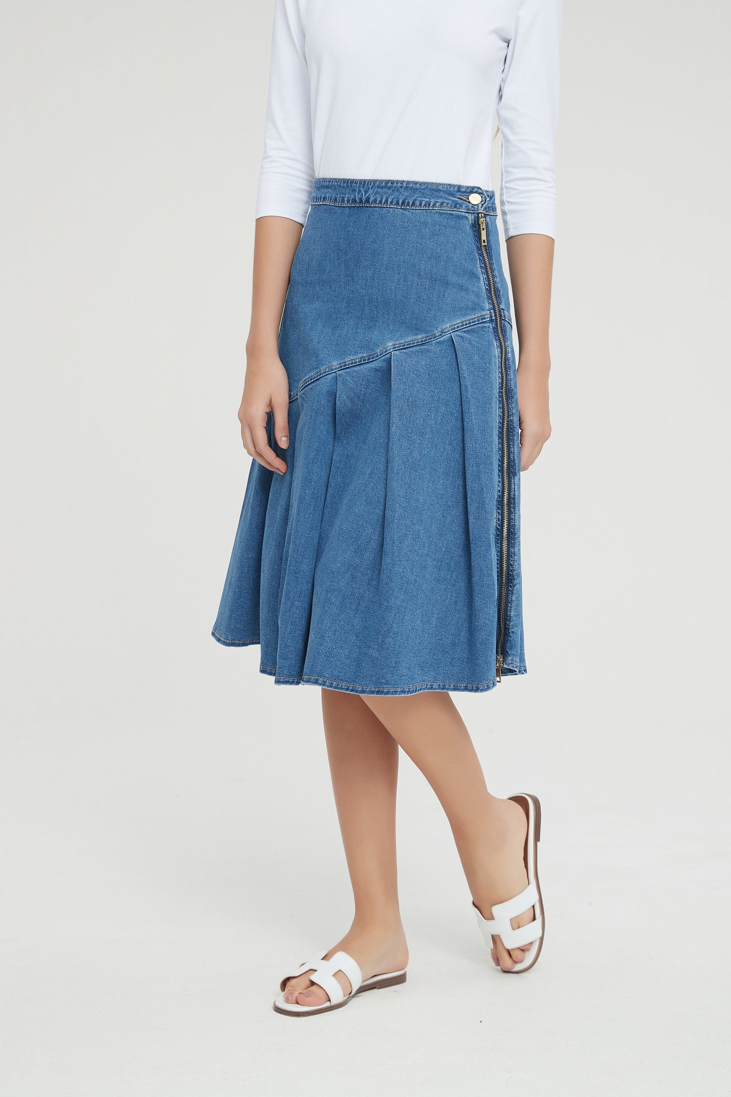 HALF PLEAT JEAN SKIRT byMM - BLUE DENIM