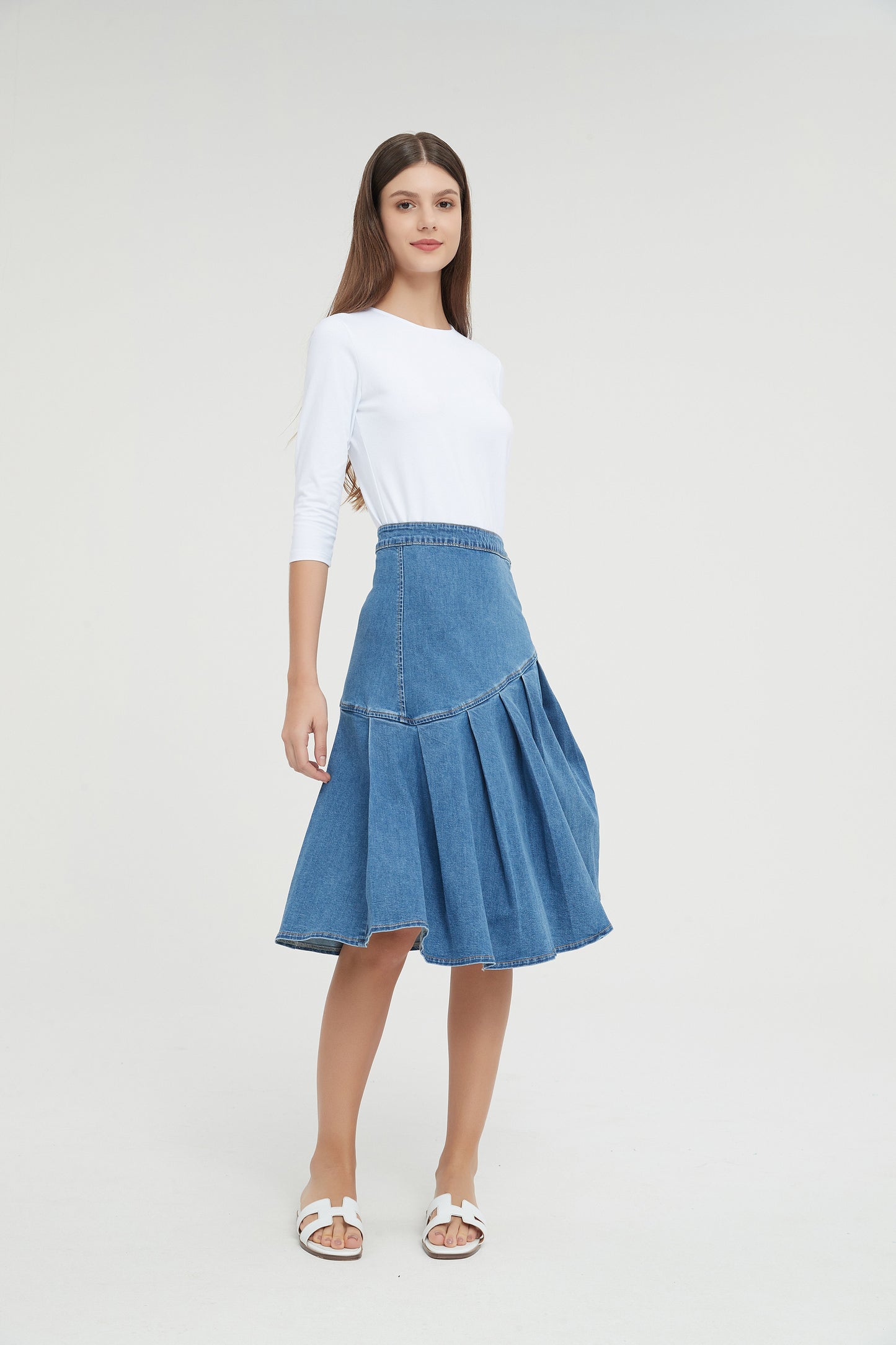 HALF PLEAT JEAN SKIRT byMM - BLUE DENIM