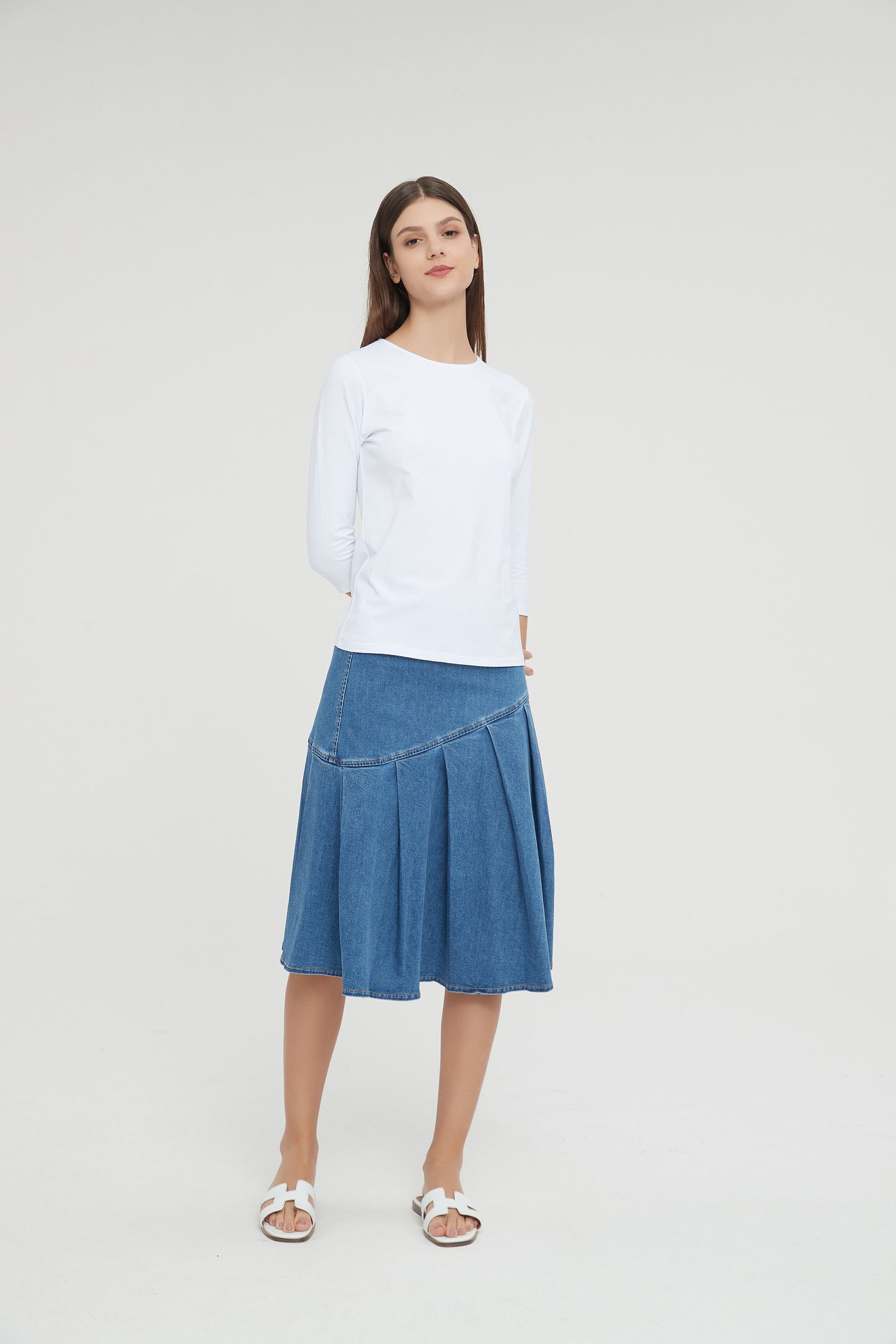 HALF PLEAT JEAN SKIRT byMM - BLUE DENIM