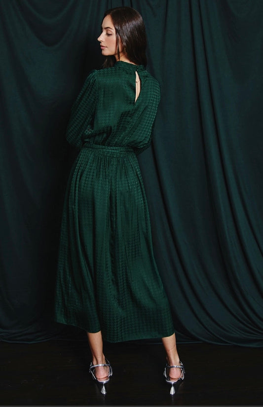 HOUNDSTOOTH SATIN MIDI DRESS