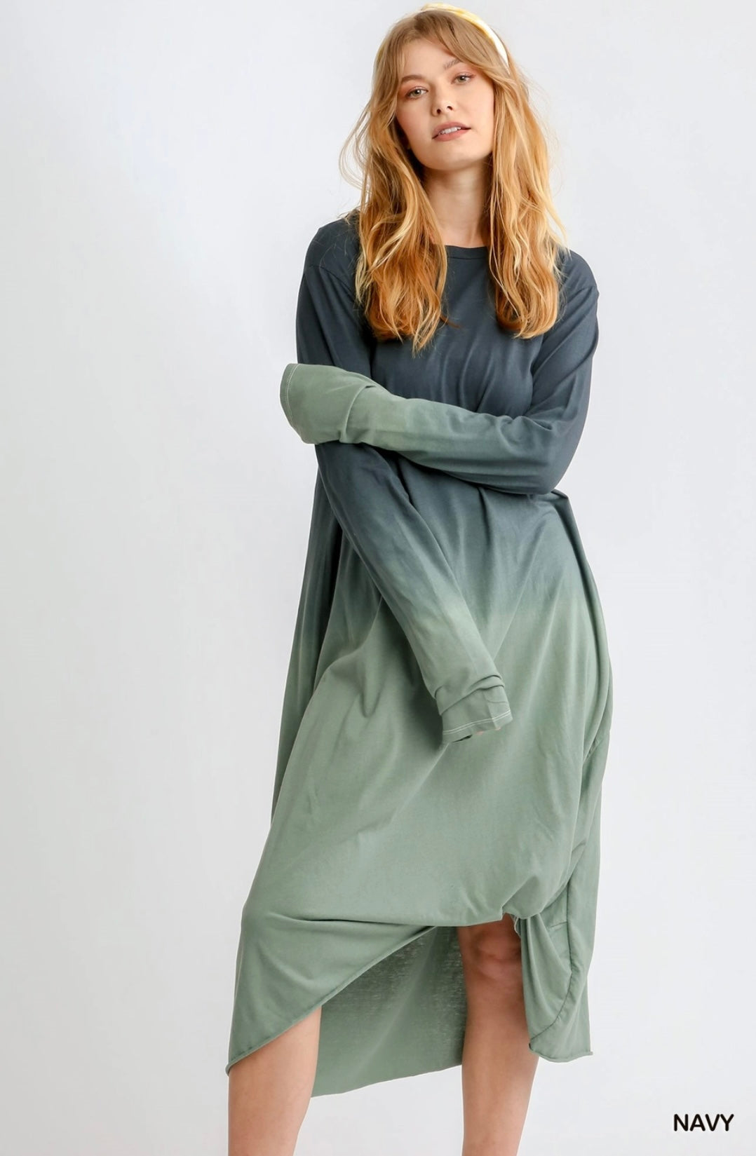 OMBRÉ FRONT KNOT LONG SLEEVE MIDI DRESS