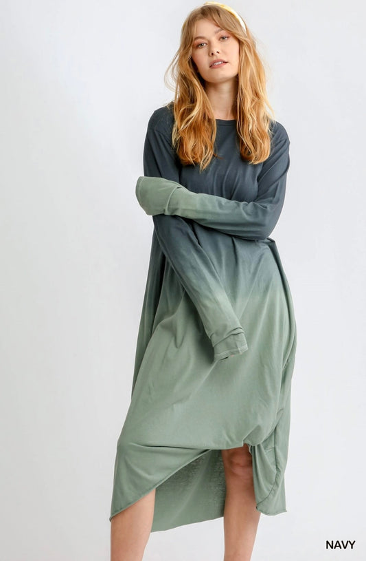 OMBRÉ FRONT KNOT LONG SLEEVE MIDI DRESS