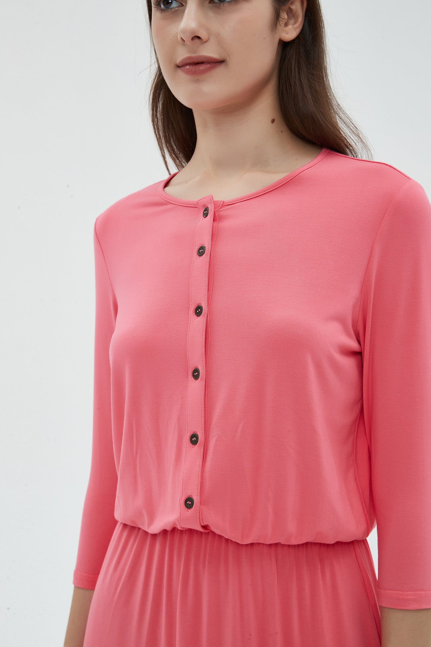 MM SMOCKED WAIST EVERYTHING DRESS 3/4 SLEEVES - CORAL