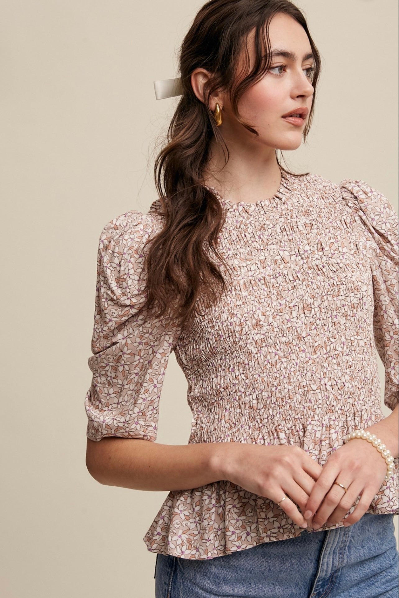 FLOWER PRINT SMOCKED BODICE PUFF SLEEVE TOP