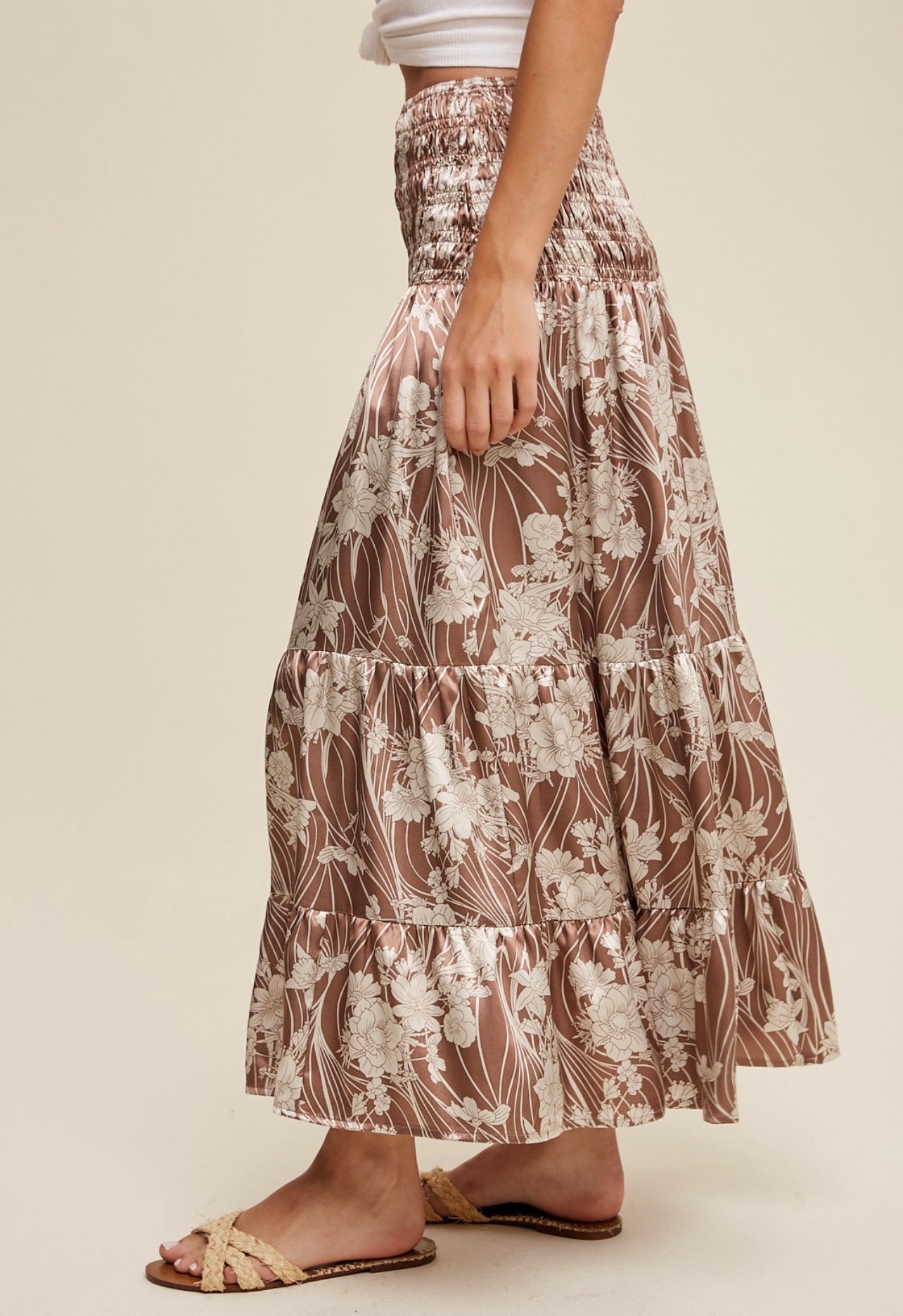 FLORAL PRINT TIERED SMOCK SATIN SKIRT TO DRESS
