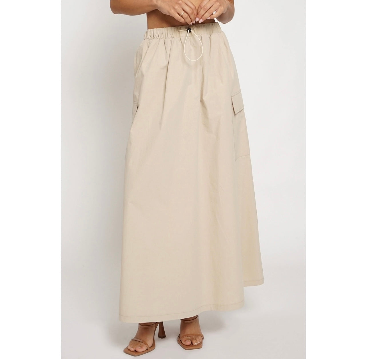 PULL CORD CARGO MAXI SKIRT- KHAKI