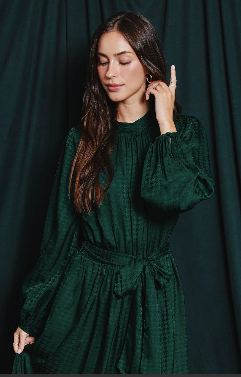 HOUNDSTOOTH SATIN MIDI DRESS
