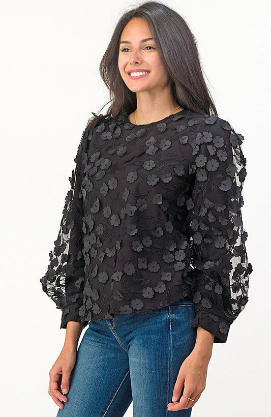 MESH FLOWER EMBROIDERY TOP BLACK