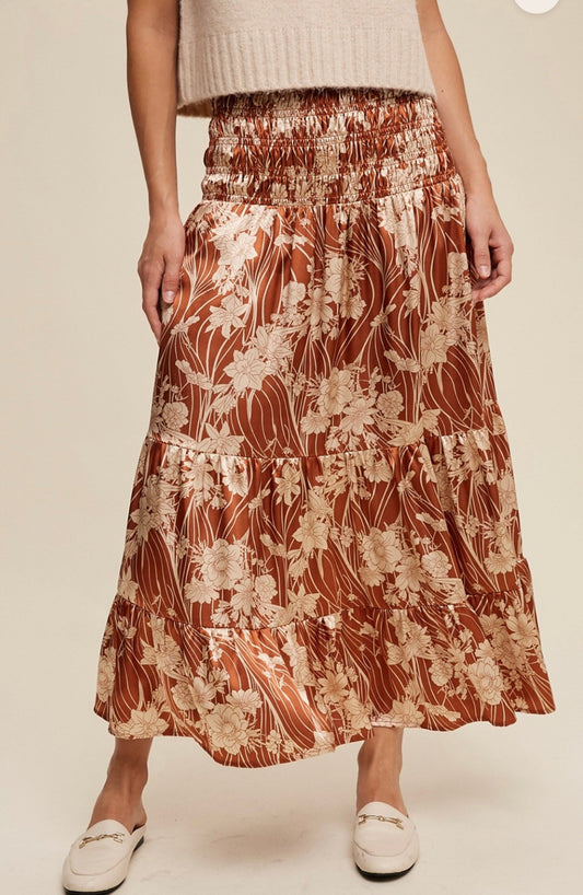 FLORAL PRINT TIERED SMOCK SATIN SKIRT TO DRESS