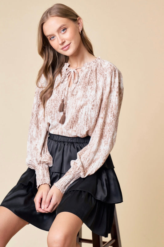 TIE-NECK SMOCKED CUFF BLOUSE