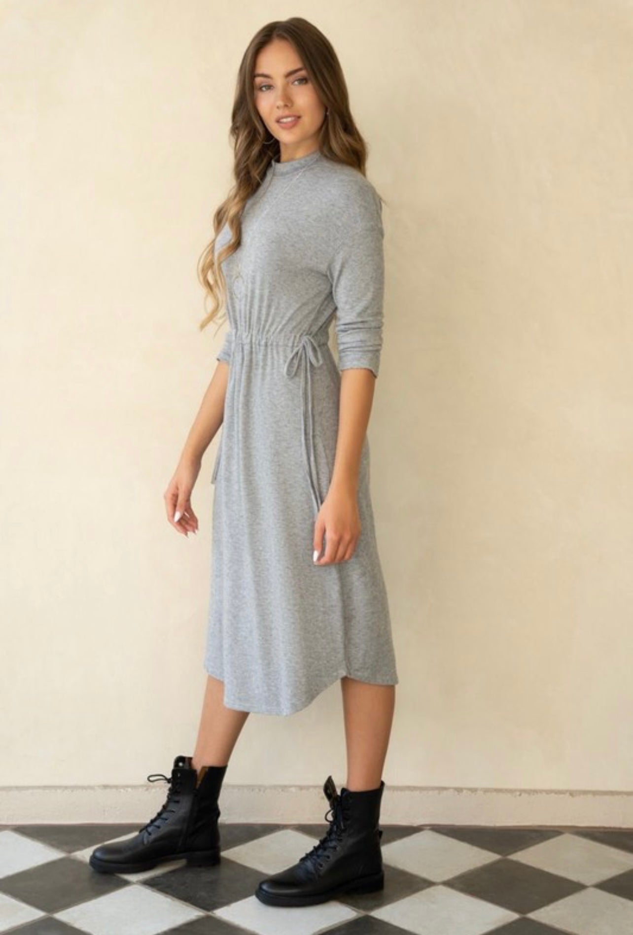 SOFT KNIT LONG SLEEVE DRESS WITH WAIST DRAWSTRING