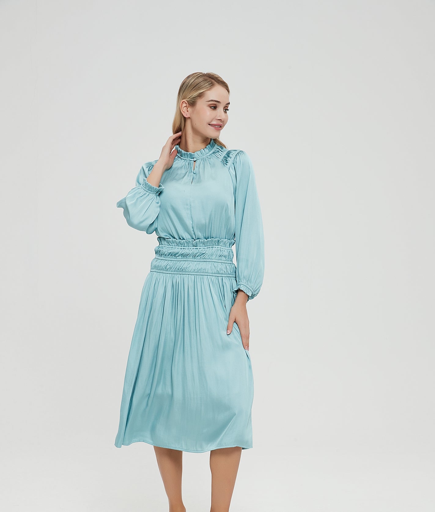 GATHERED MIDDLE AQUA DRESS byMM