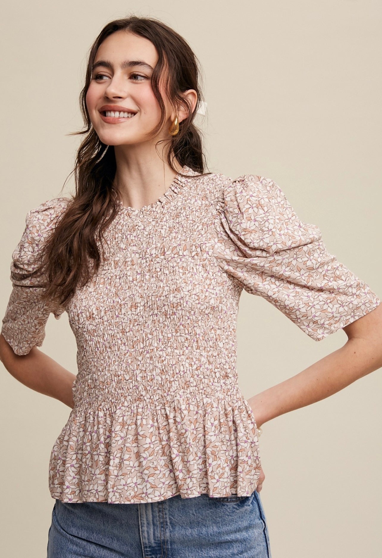 FLOWER PRINT SMOCKED BODICE PUFF SLEEVE TOP