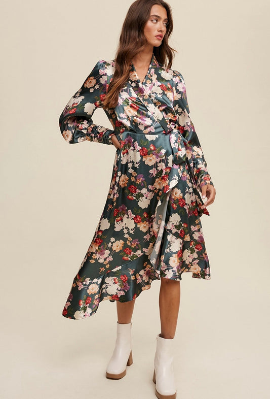 FLORAL PRINT LONG SLEEVE SATIN WRAP MIDI DRESS