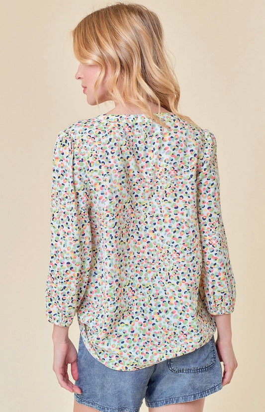 SPLIT V-NECK LINE SLEEVE PRINTED BLOUSE