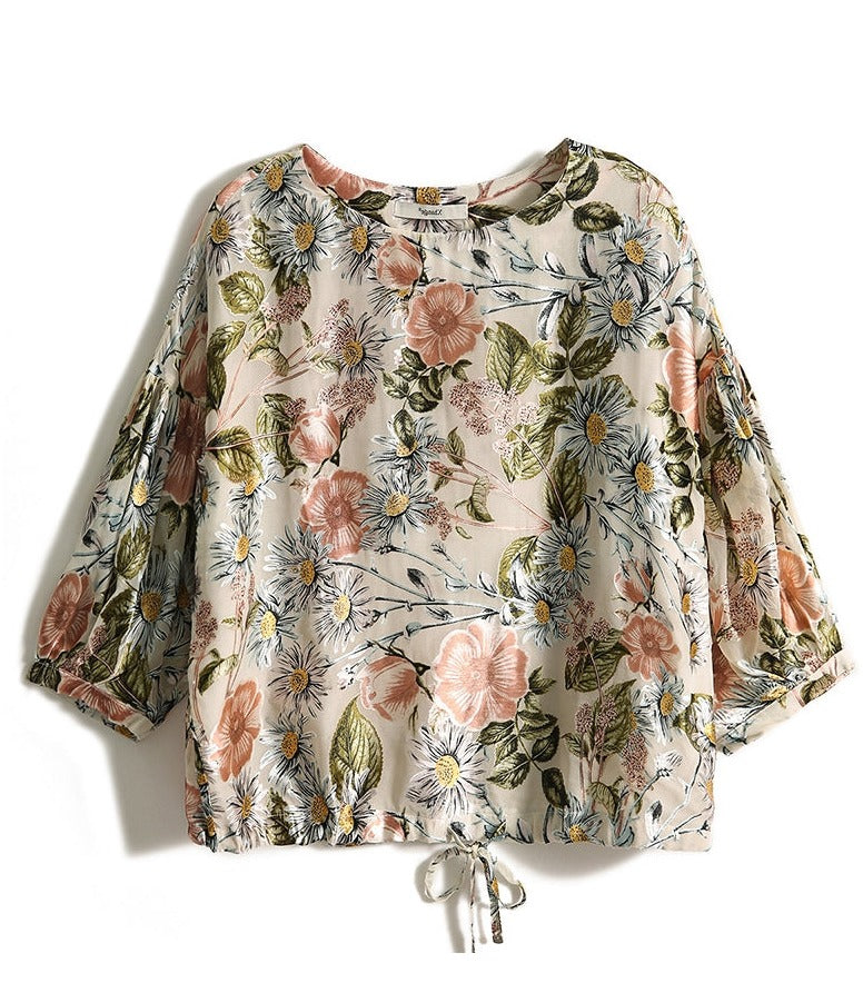PRETTY FLORAL DRAWSTRING BOTTOM BLOUSE @