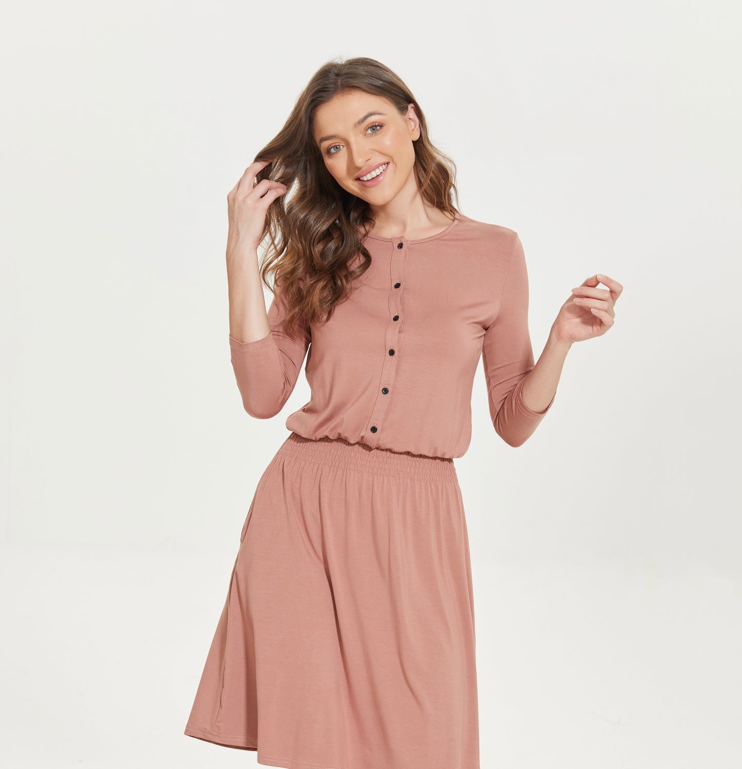 MM SMOCKED WAIST EVERYTHING DRESS 3/4 SLEEVES
