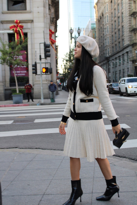 MM KNIT TWEED PLEATED SKIRT -  CREAM