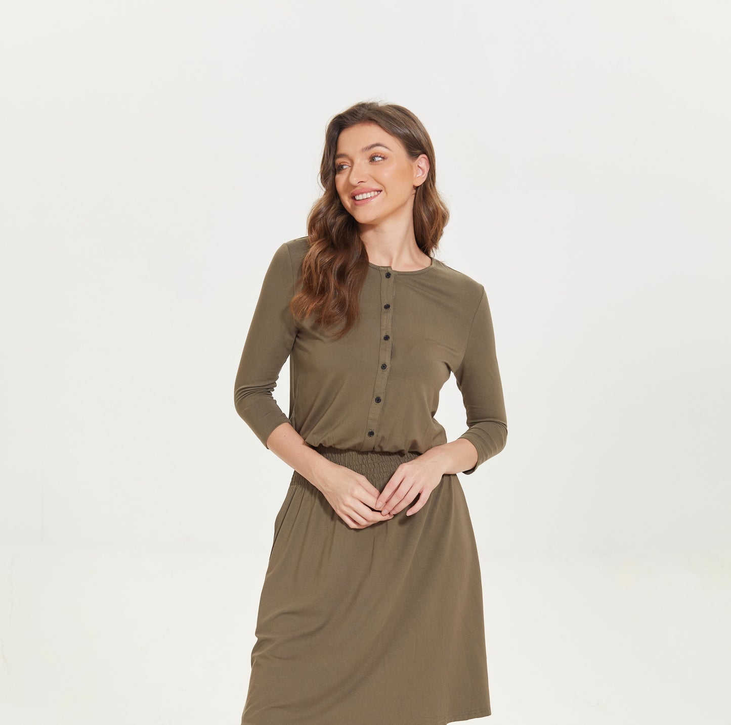 MM SMOCKED WAIST EVERYTHING DRESS 3/4 SLEEVES