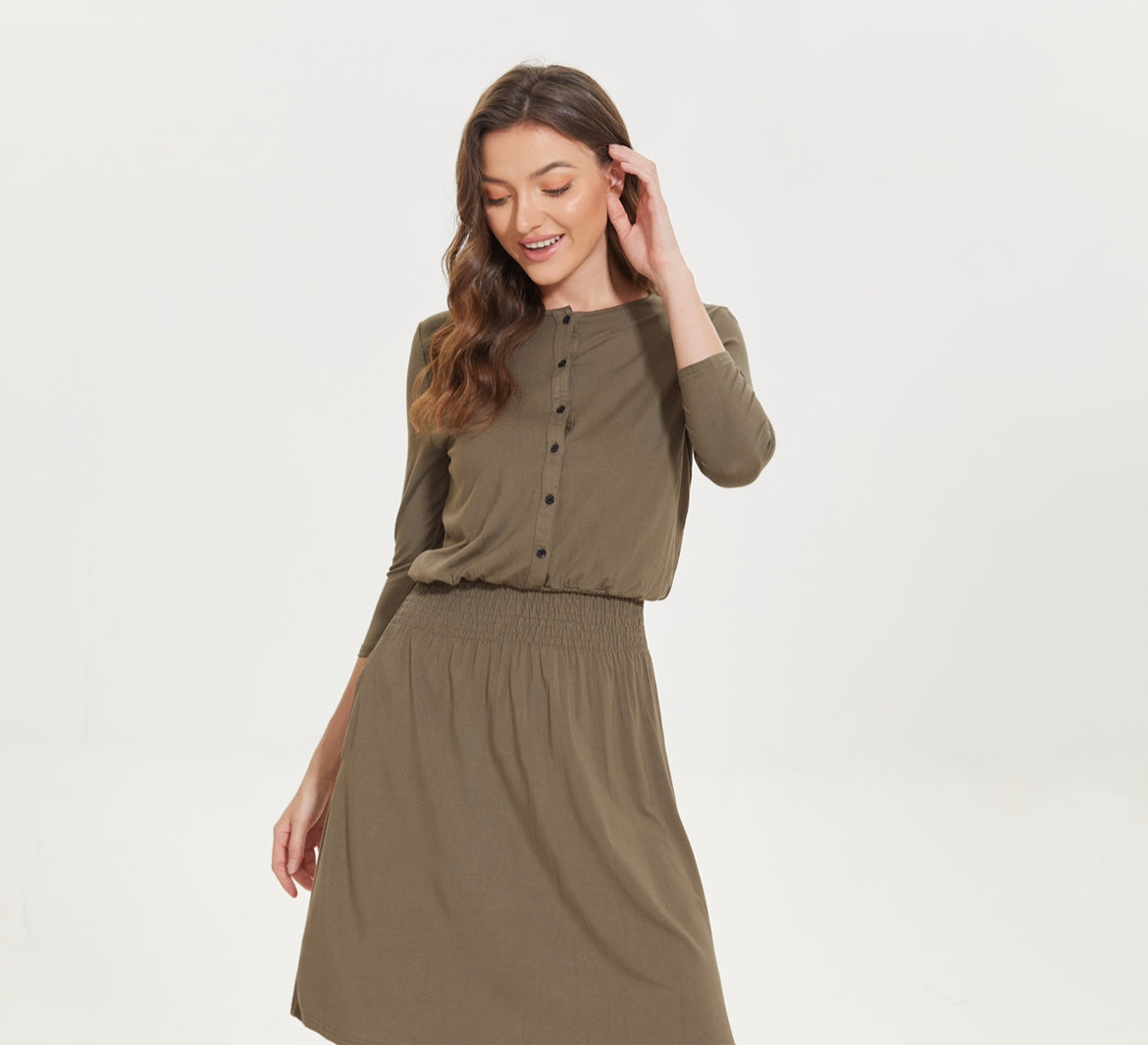 MM SMOCKED WAIST EVERYTHING DRESS 3/4 SLEEVES