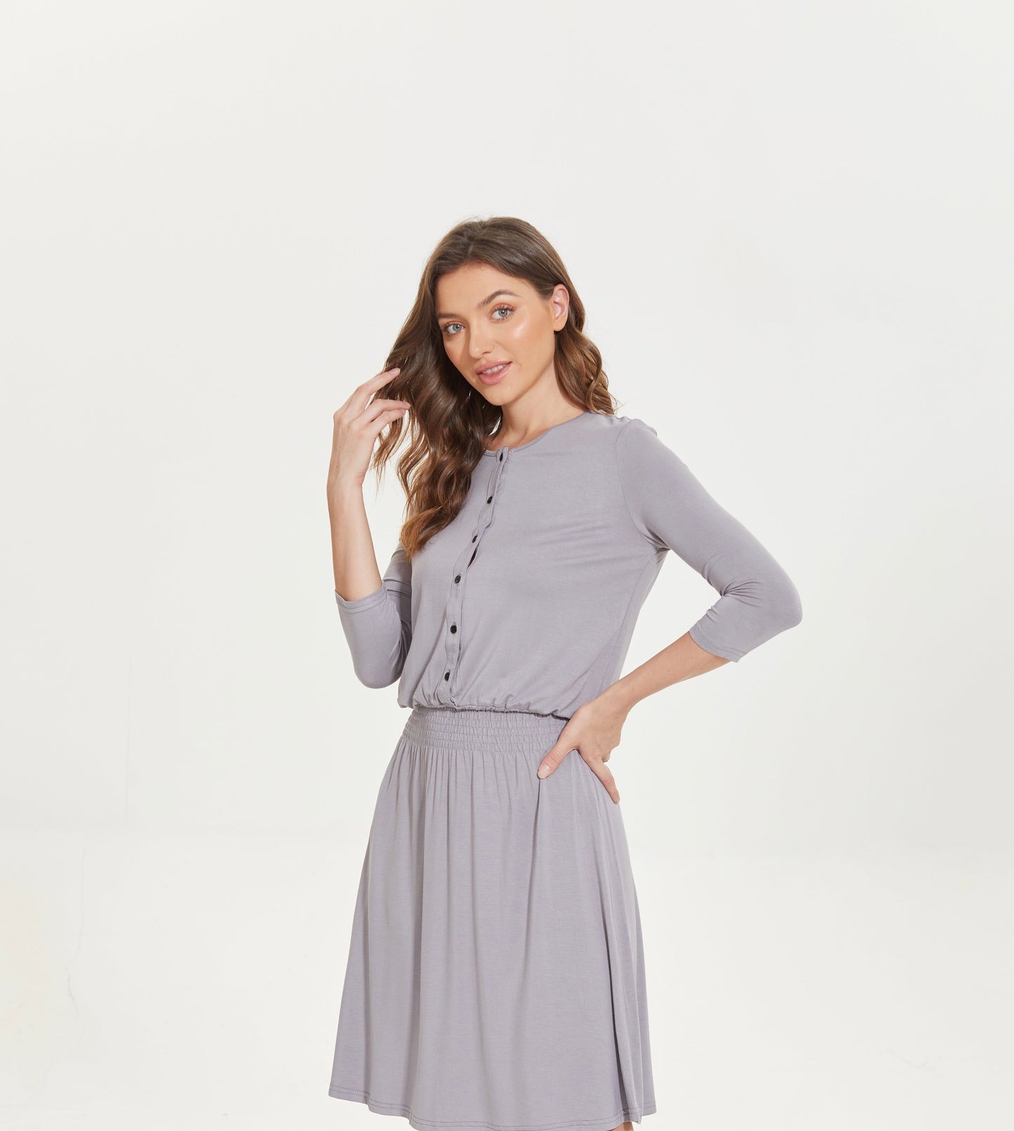 MM SMOCKED WAIST EVERYTHING DRESS 3/4 SLEEVES